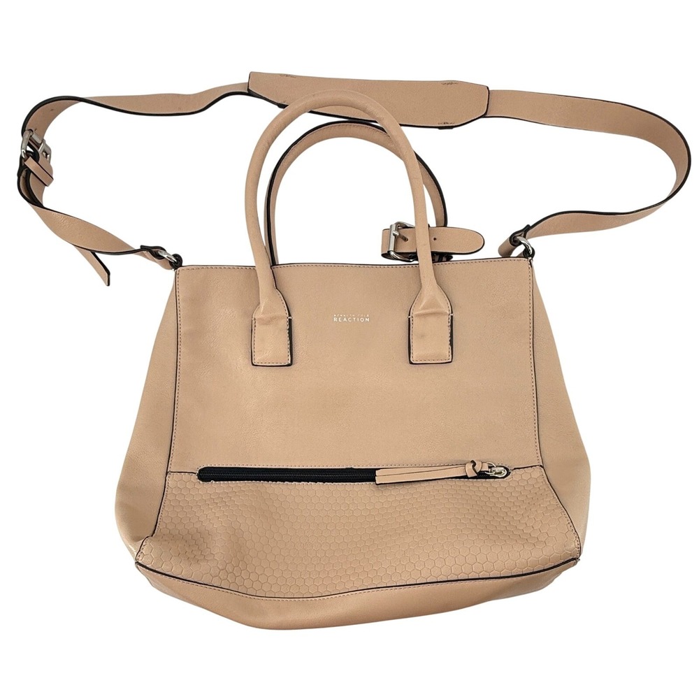 Kenneth Cole Reaction Tote Bag Tan Faux Leather Satchel Crossbody Purse Womens